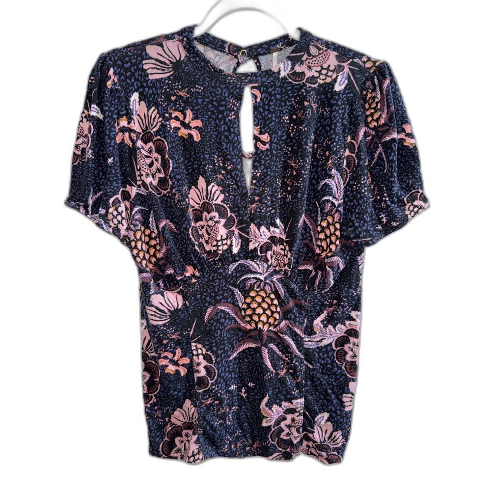 Free People Hear Me Roar Top L Large Pineapple Leopard Floral Keyhole Boho Knit